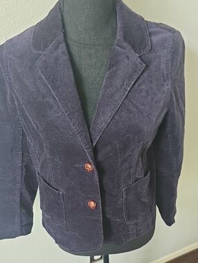 Lands' End Navy Soft Velvet Blazer with Leather Buttons